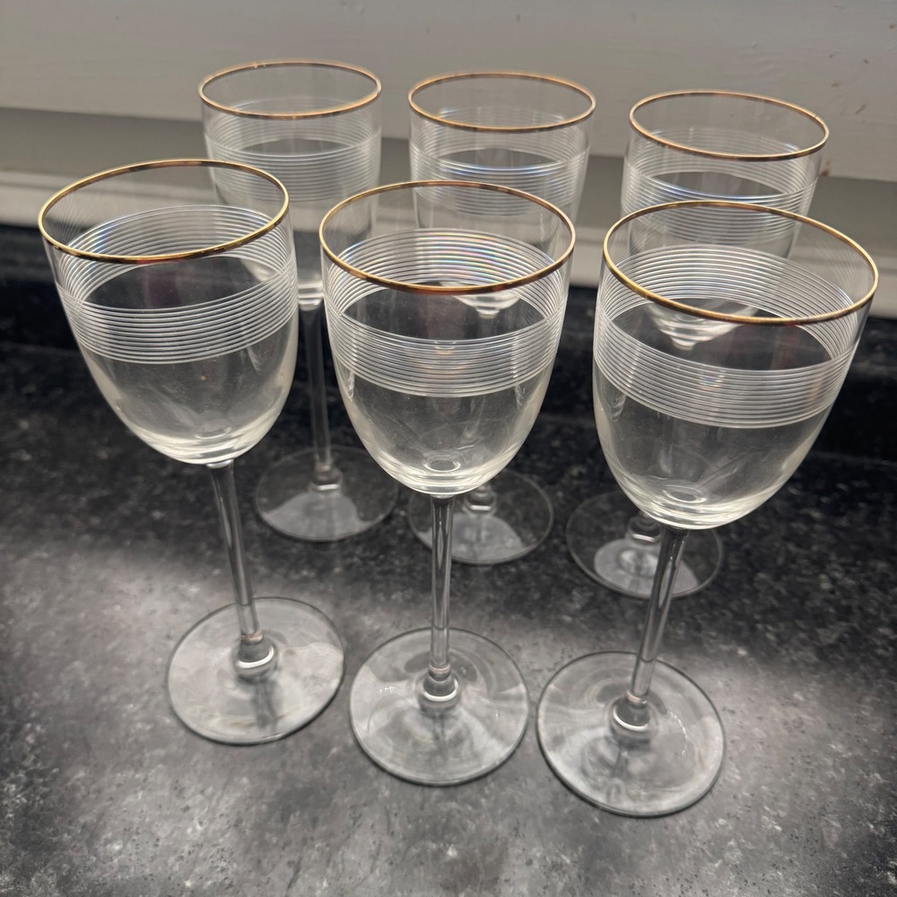 Ralph Lauren Navigator Gold Rim Wine Glasses Set of 6 Etched Crystal Stemware